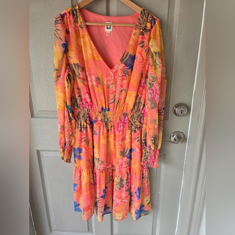 Anne Klein Floral Dress Sz 14 Women Long Sleeve Tiered Smocked Waist Fit Flare - Picture 4 of 15